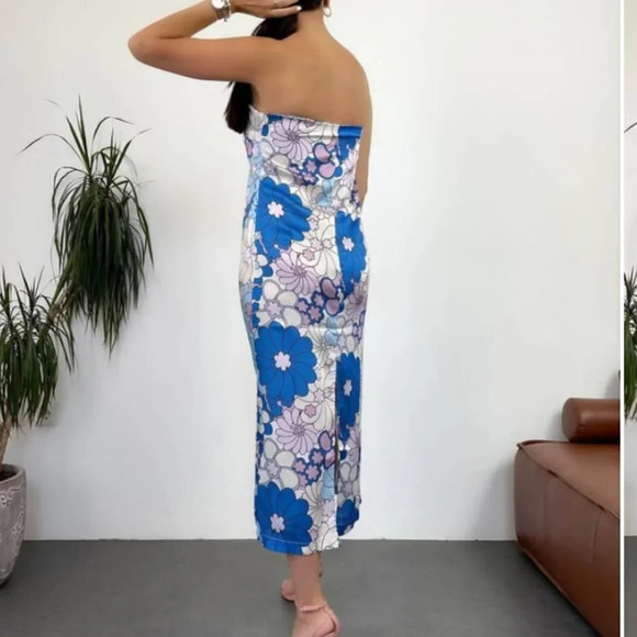 Zara Retro  Floral Satin Effect Strapless Midi Dress NWT Blue White Purple Small - Picture 10 of 16